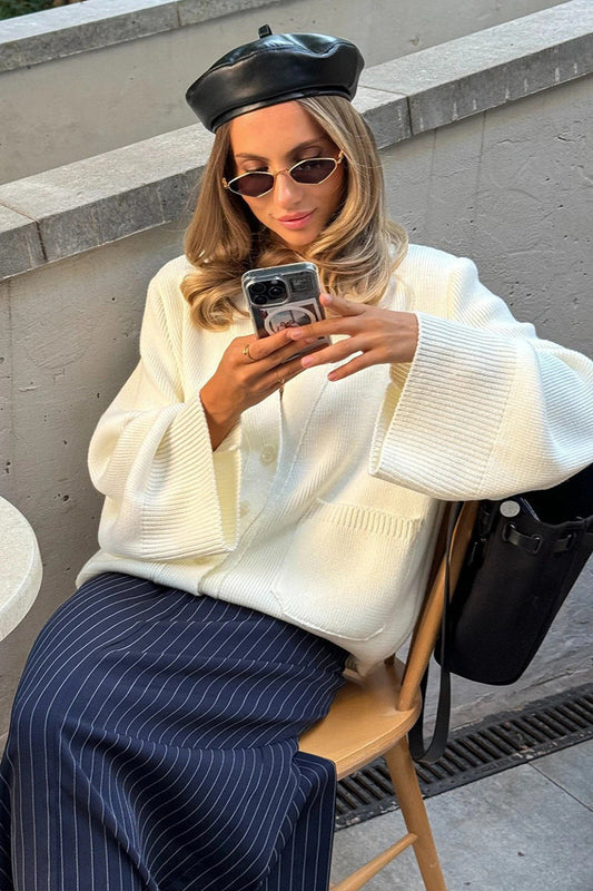Knitted V Neck Loose Lazy Fit Cardigan White / S