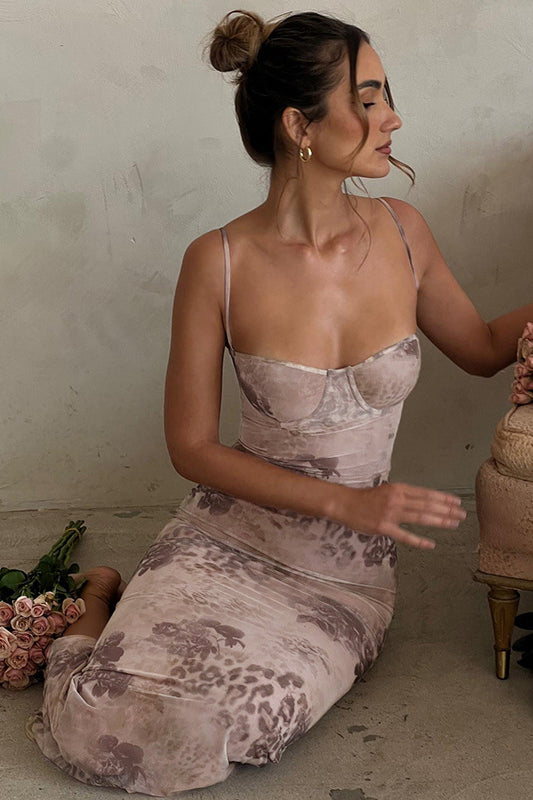 Sexy, bedrucktes, schmal geschnittenes Cami-Maxikleid
