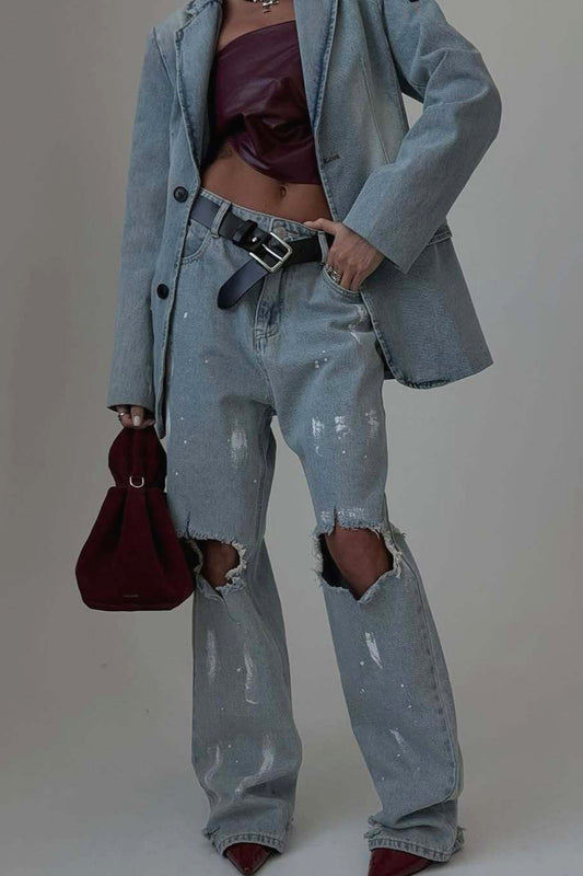 Graffiti Distressed Loose Straight Leg Jeans