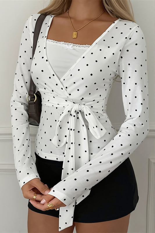 Polka Dot Wrap Tie Long Sleeve Blouse