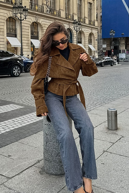 Belted Faux Suede Wrap Jacket