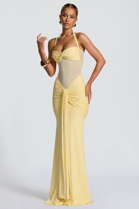 Tie Strap Mesh Maxi Party Dress XS / Yellow