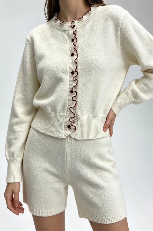 Wavy Trim Ruffle Button Cardigan