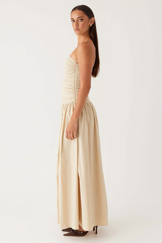 Strapless Ruched Drop-Waist Maxi Dress