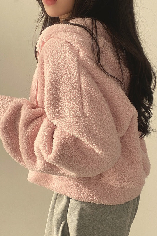 Solid Cropped Sherpa Fleece Hoodie
