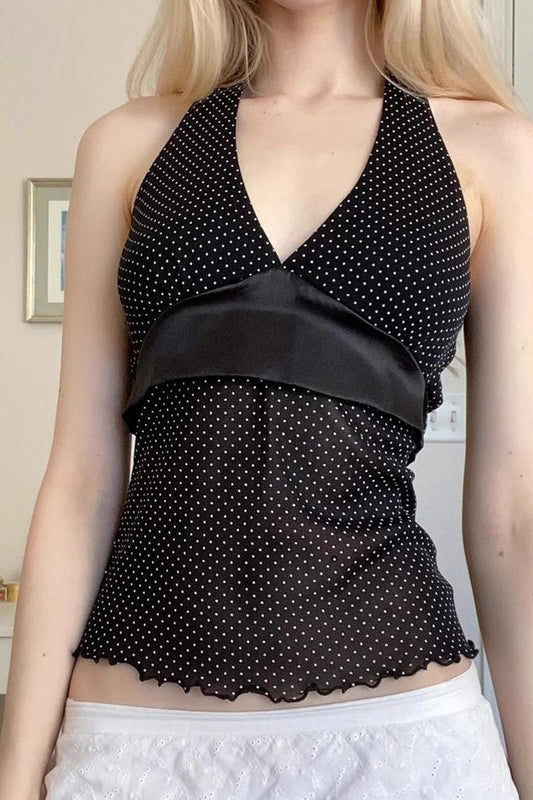 Rückenfreies Neckholder-Crop-Top aus Satin mit Polka Dot-Fliege