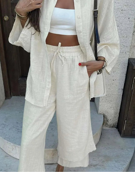 Aprikosenfarbene Baumwollhose mit Kordelzug fürs Büro, zweiteiliges Set