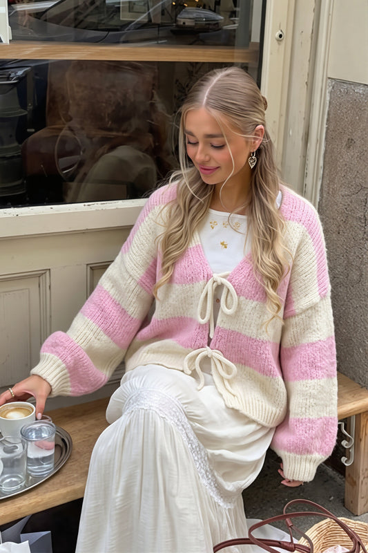 Wide Stripe Tie Balloon Sleeve Cardigan