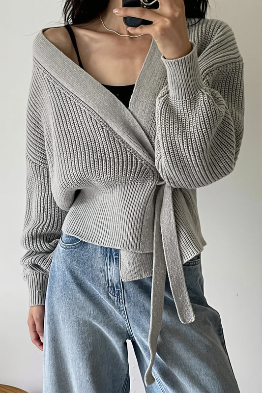 Casual Wrap Tie Ribbed Cardigan