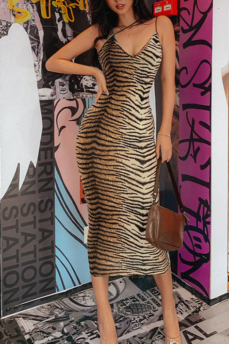 Sexy Maxikleid mit V-Ausschnitt und Animal-Print