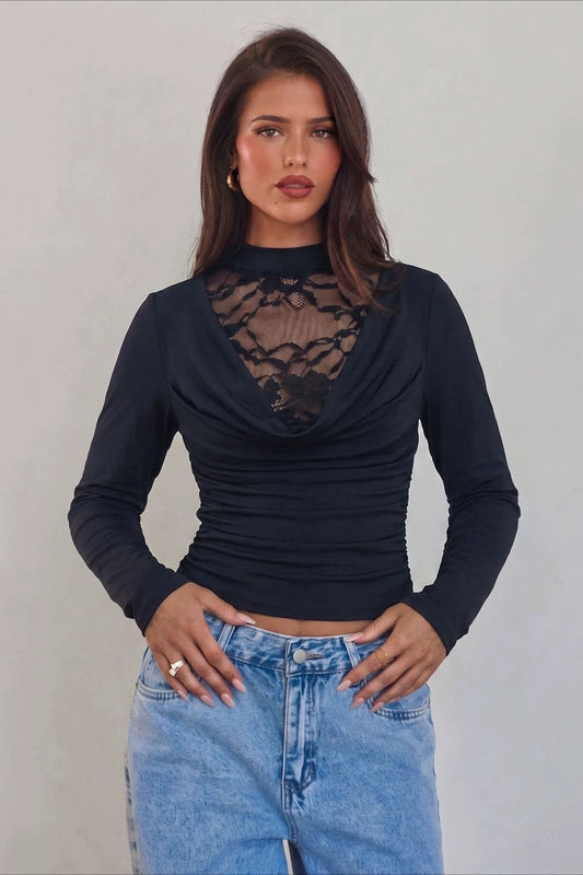 Lace Up Cowl Neck Ruched Top
