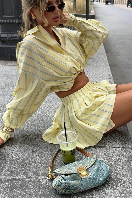Striped Button Cropped Two Piece Set