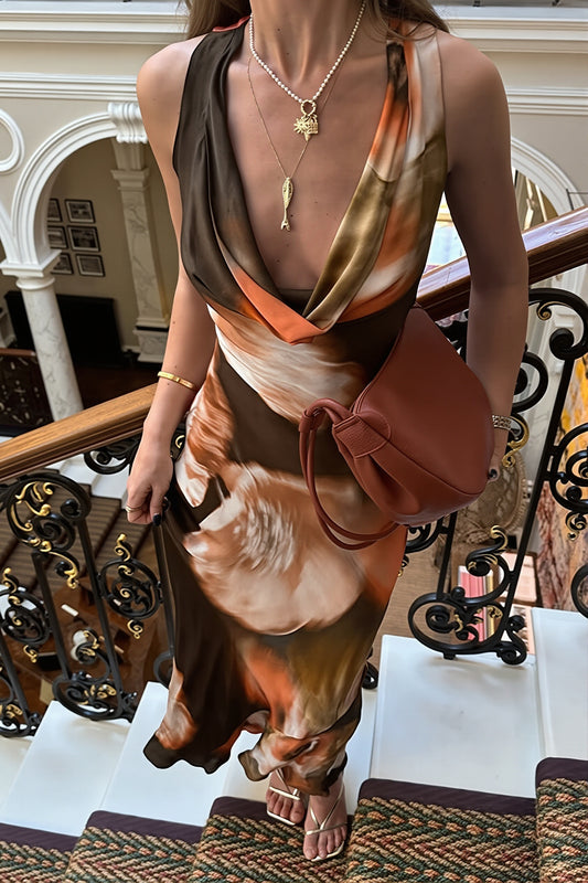 Abstract Print Plunging Halter Maxi Dress