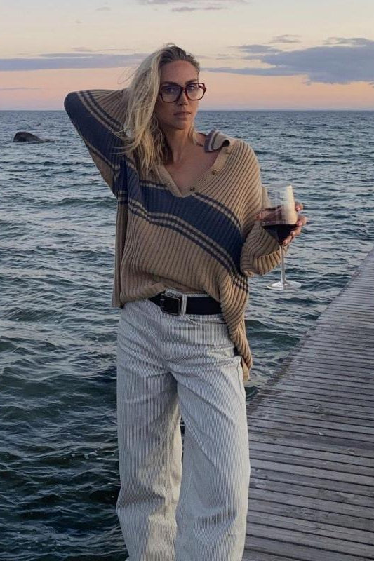 Gestreifter Langarm-Strickpullover mit Colorblock-Muster