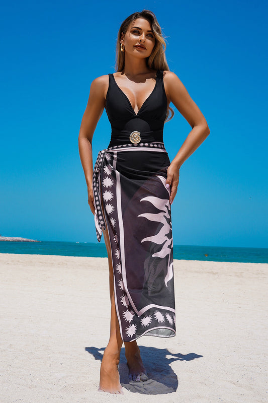 Bedruckter Badeanzug mit Wickelrock, dreiteiliges Badeset