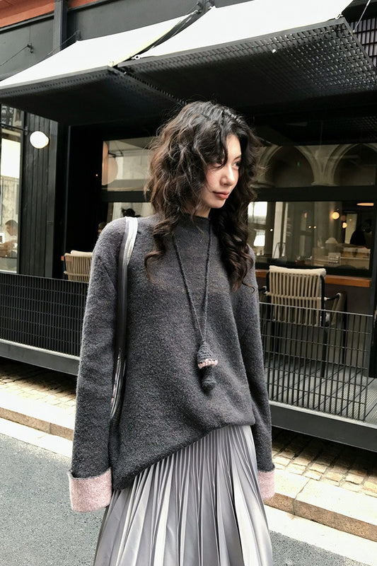 Farbblock-Strickpullover mit Stehkragen, locker geschnitten, lässiger Passform