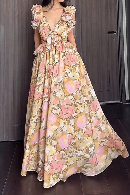 Rüschenkleid mit V-Ausschnitt, ärmellos, schmal geschnitten, mit Blumenmuster