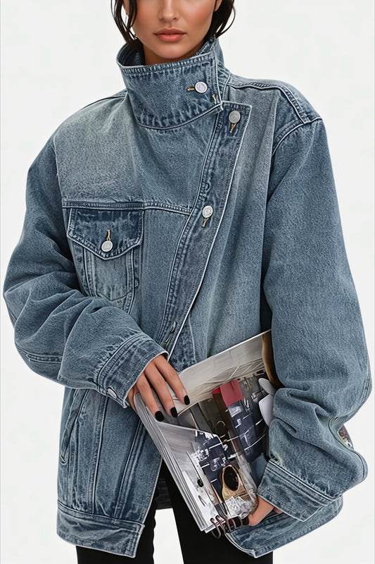 Asymmetric High Neck Denim Jacket