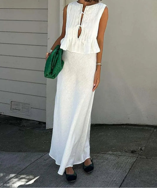 Weißer Knöchelrock aus Baumwolle mit Schnürung fürs Büro, zweiteiliges Set