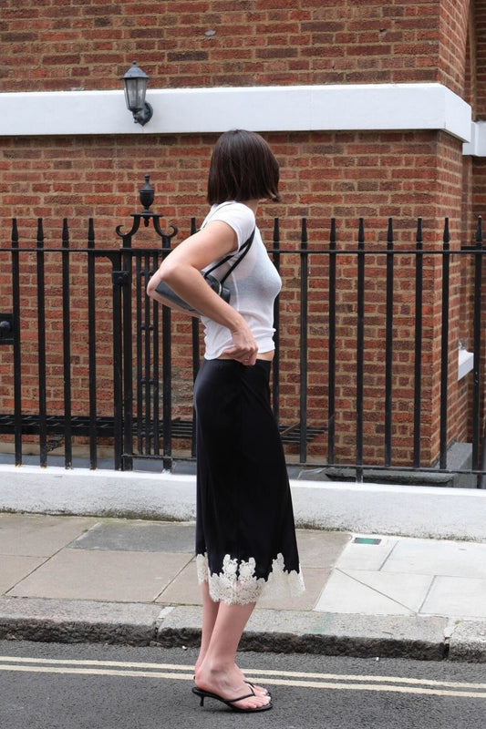 Lace Trim Satin Midi Skirt