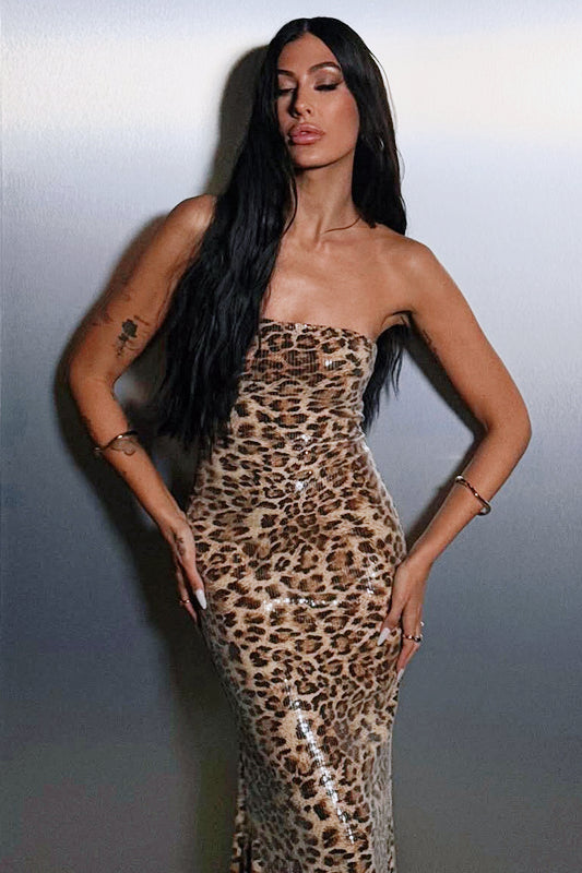 Trägerloses Maxikleid mit Leopardenmuster und Farbblockdesign