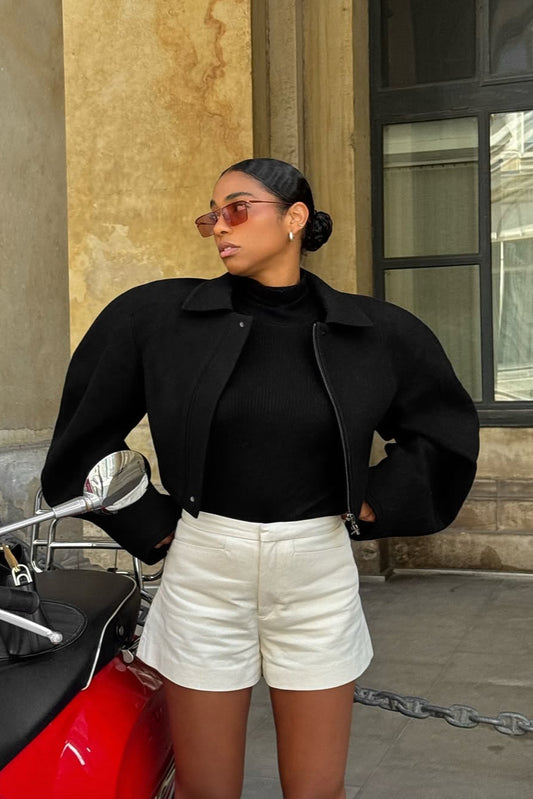 Cropped Balloon Sleeve Zip Jacket