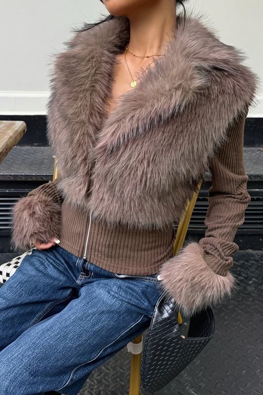 Faux Fur Trim Ribbed Zip Jacket