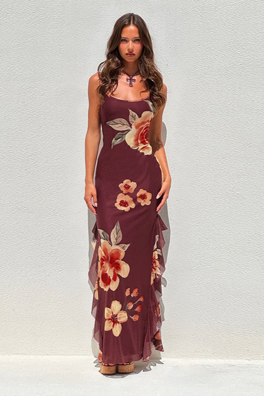 Sexy rückenfreies Maxikleid aus geblümtem Netzstoff mit Schlitz