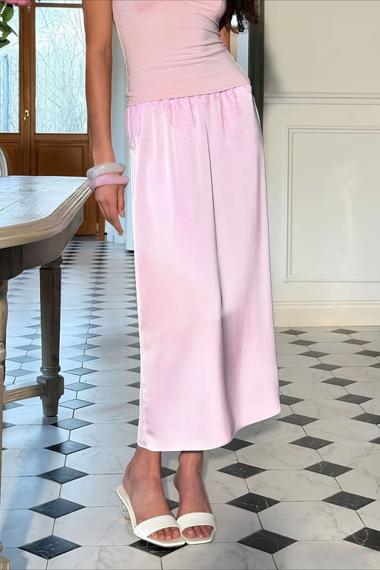 Lace-Trim Satin Pink Midi Skirt
