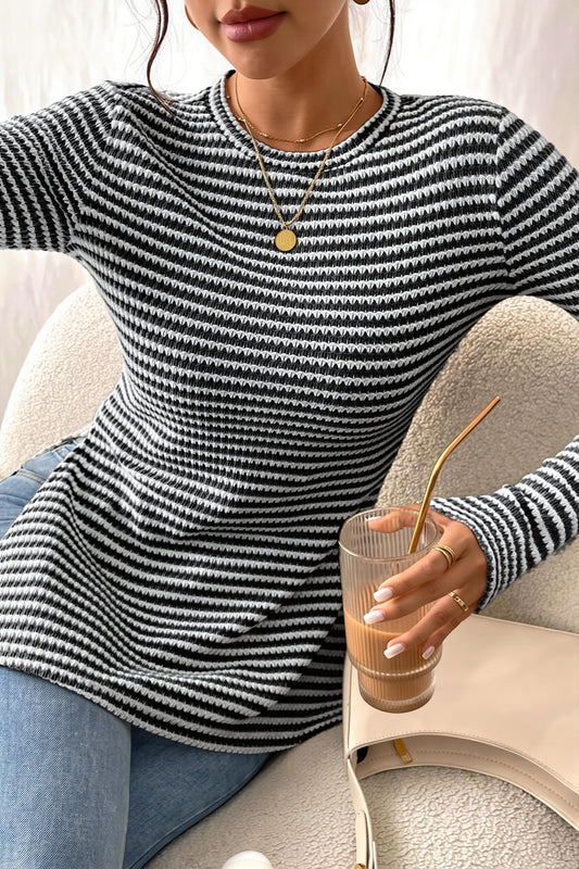 Textured Stripe Side Slit Long Sleeve T Shirt