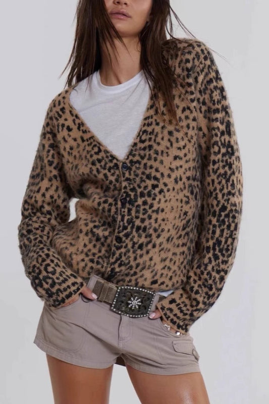 Leopardenmuster V-Ausschnitt Weicher, flauschiger Retro-Cardigan