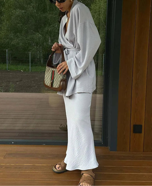 Grauer Knöchelrock mit Schnürung fürs Büro, zweiteiliges Set