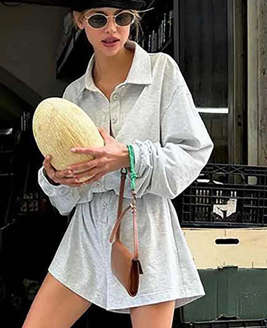 Graues, einreihiges Shorts-Zweiteiler-Set fürs Büro