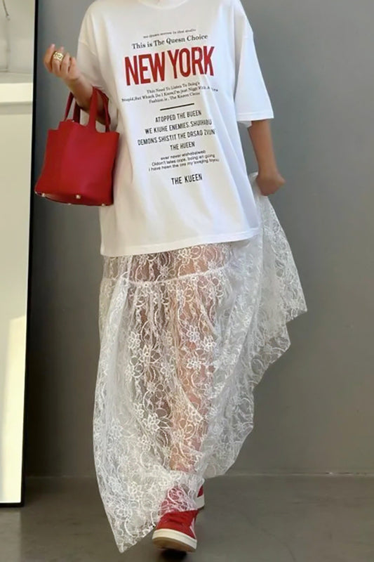 Transparenter A-Linien-Rock mit floraler Spitze und hoher Taille