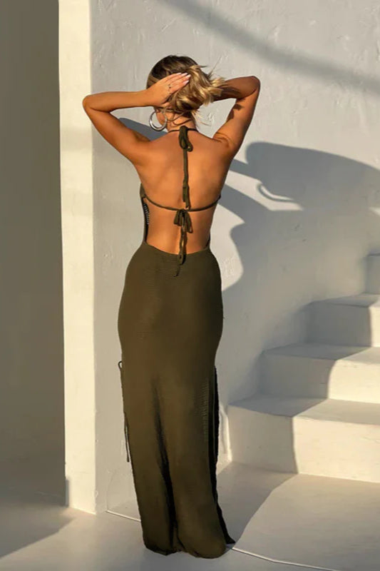 Elegantes, sexy, rückenfreies, figurbetontes Partykleid aus Strick zum Binden