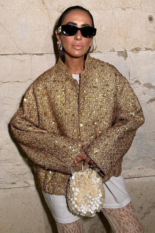 Gold 3D Sequin Embroidered Wool Blend Pocket Coat Gold / XS