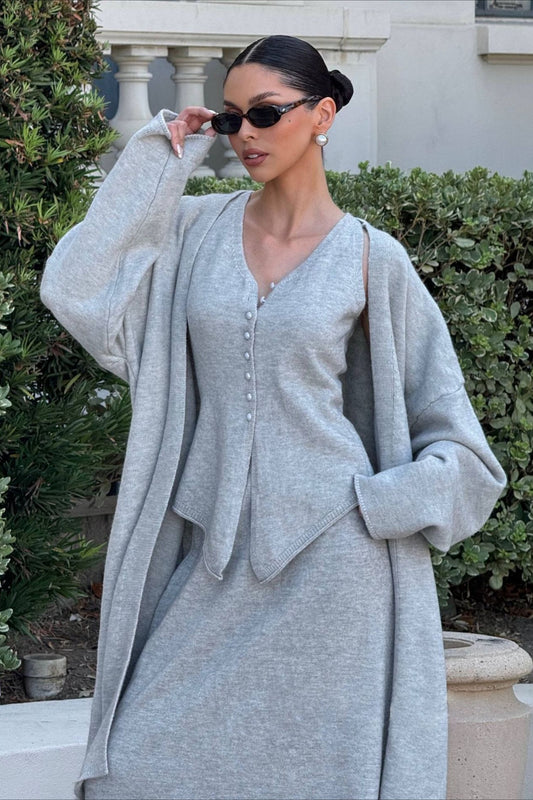 Vintage Graue Strickjacke Weste & Maxirock Dreiteiliges Set