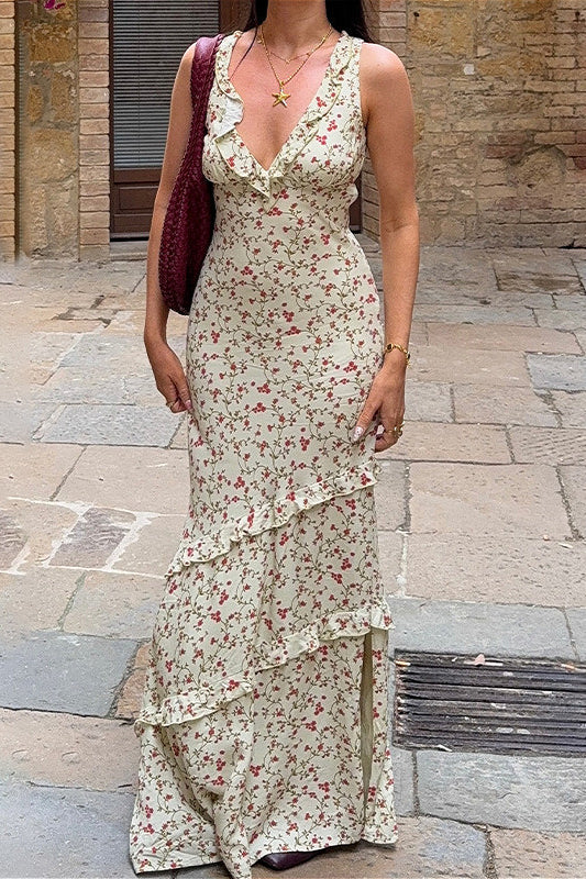 V-Ausschnitt Neckholder-Kleid mit Blumenmuster, Rüschen und schmaler Silhouette