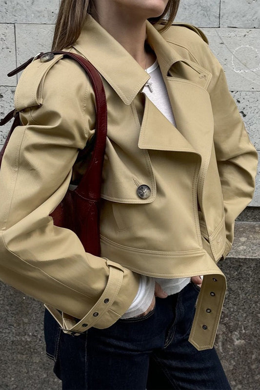 Epaulet Hidden Snap Cropped Trench Jacket