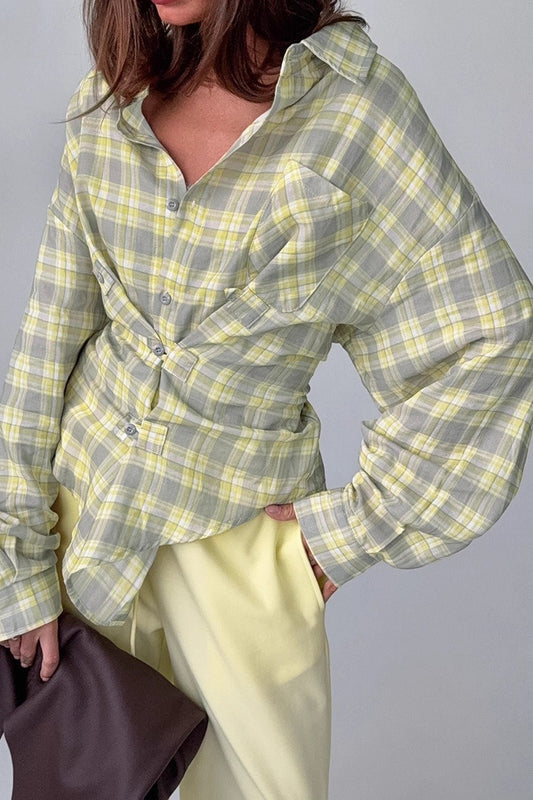 Karierte Langarmbluse mit Farbblock-Design, Gürtel