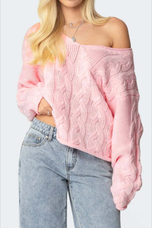 Locker geschnittener, einfarbiger Zopfstrickpullover mit V-Ausschnitt