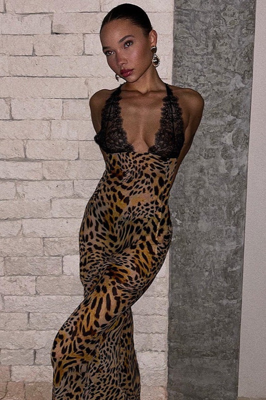 Rückenfreies Camisole-Maxikleid mit tiefem V-Ausschnitt und Spitzendruck
