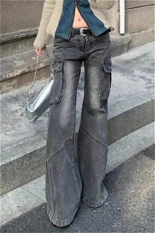 Schwarze Workwear-Jeans mit niedriger Taille und Taschendesign
