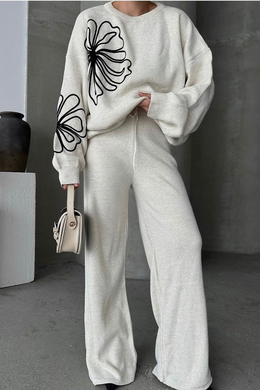 Lässiger Rundhals-Strickpullover mit Hose, zweiteiliges Hosenset