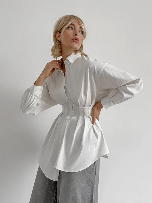 Langärmlige Bluse mit Taillenband im French Chic