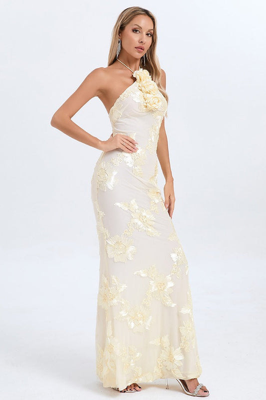 Halter Floral Foil Print Maxi Dress