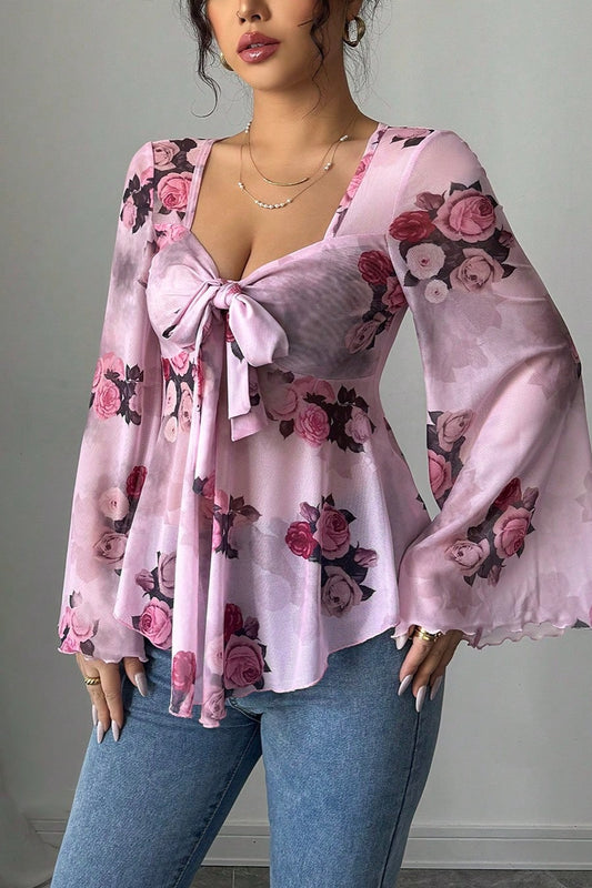 Floral Tie Dye Square Neck Tie Long Sleeve Blouse