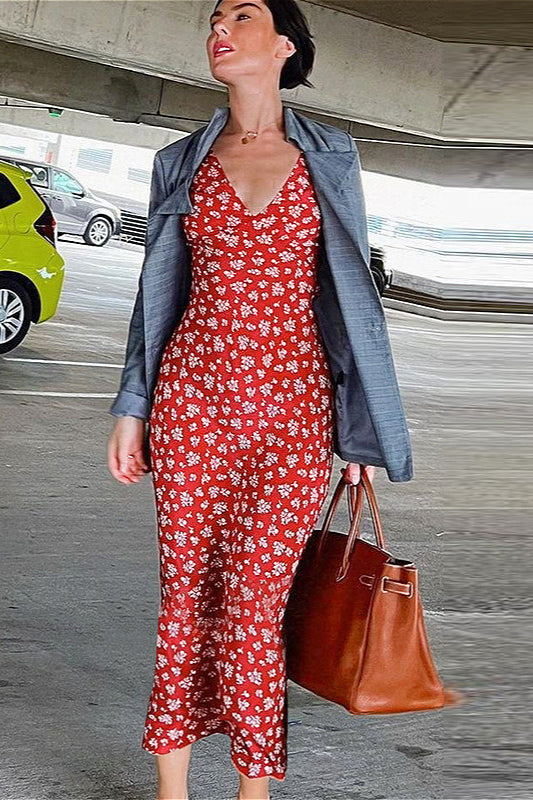 Ärmelloses, geblümtes Cami-Kleid mit tiefem V-Ausschnitt