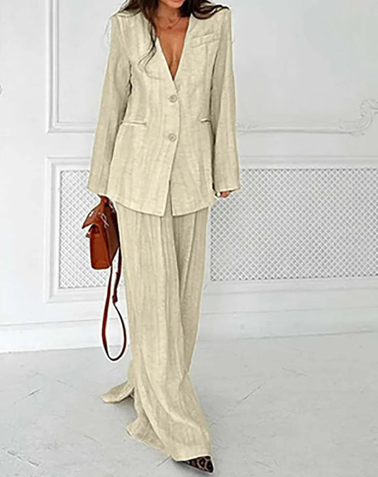 Khakifarbenes, lockeres Zweiteiler-Set mit tiefer V-Neck-Hose fürs Büro