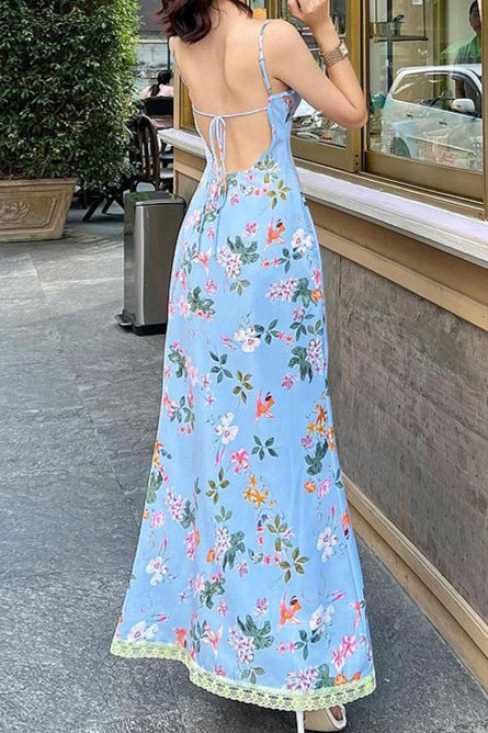 Spaghettiträger-Spitzenkleid mit offenem Rücken, Rüschen und Blumenmuster